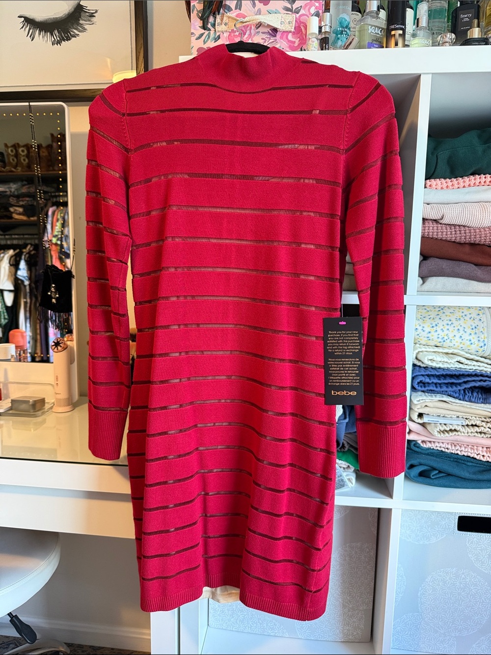 bebe Red Sheer Stripe Long Sleeve Sweater Dress NWT Size Large